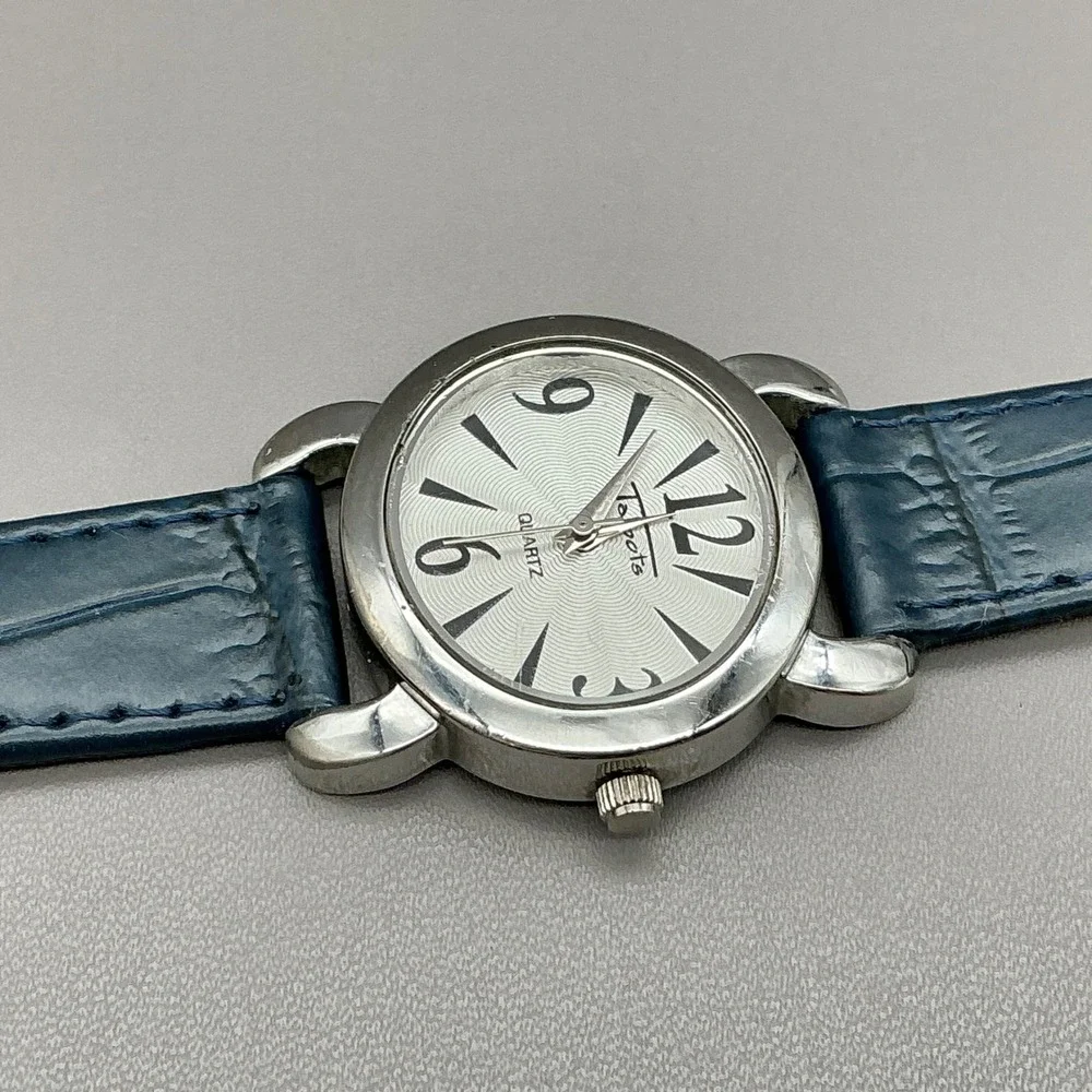 Talbots Watch Women Silver Tone Blue Leather Band Analog Quartz NEW BATTERY